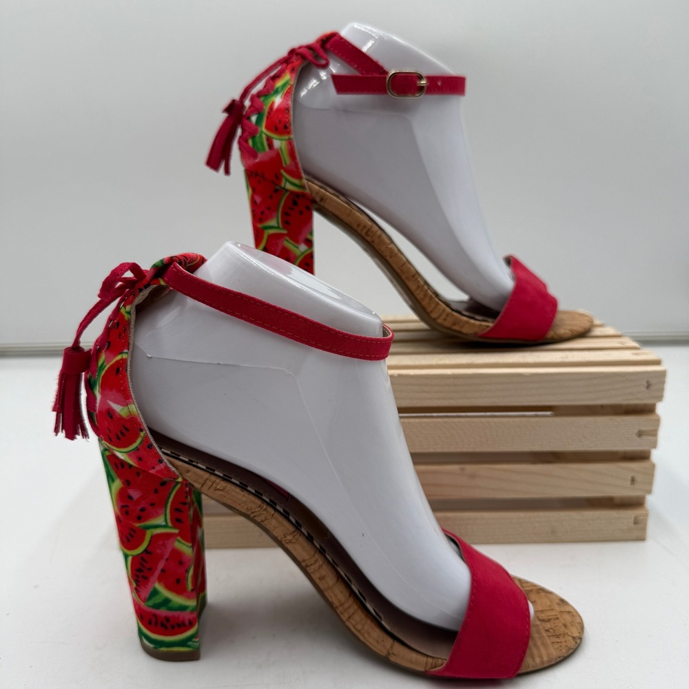 Betsey Johnson Rallo Watermelon Block Heel Sandals Fruit Print Ankle Strap 8 - Picture 2 of 7